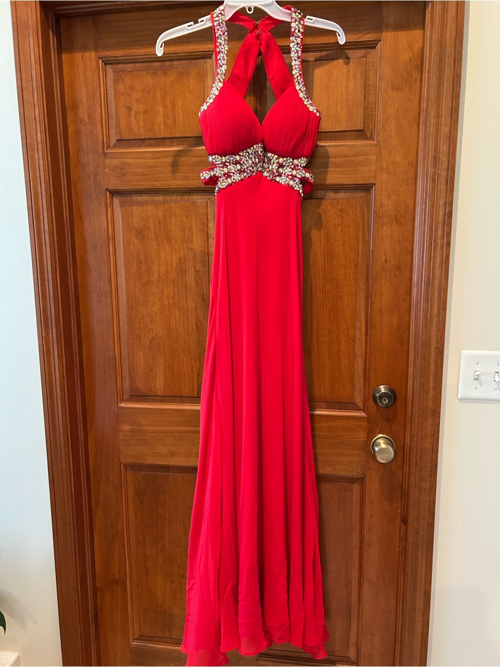 Faviana Red Beaded Halter Prom Gown